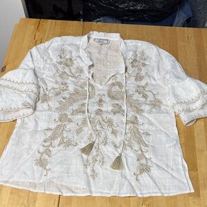 Johnny Was Workshop white and tan - Embroidered top